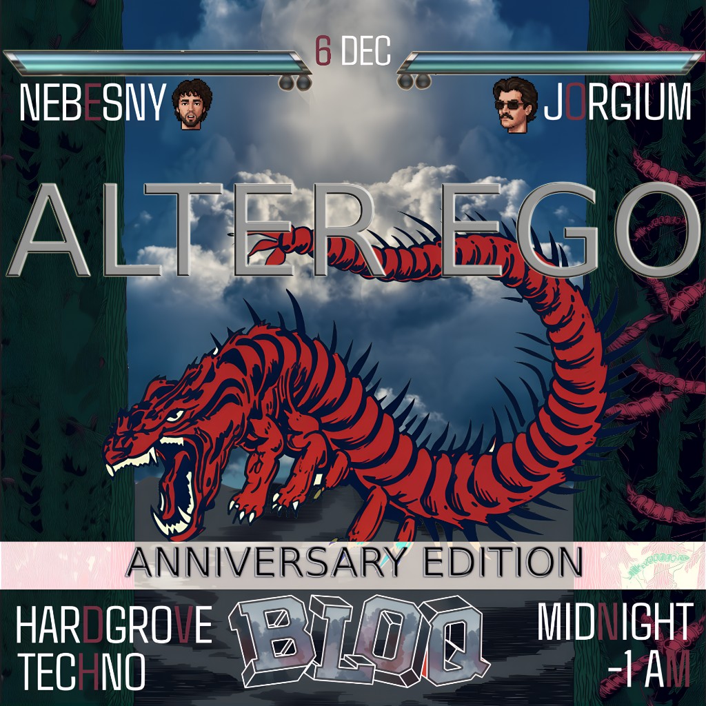 Alter Ego anniversary — retro fighting-game poster, NEBESNY vs JORGIUM, metallic ALTER EGO title and creature