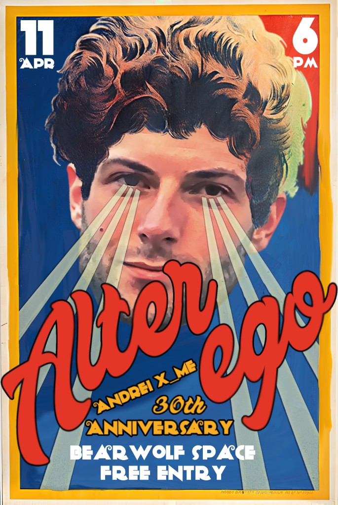 Alter Ego — birthday poster in vintage magic-show style: portrait with eye light rays, Andrei X_ME 30th anniversary, Bear Wolf Space