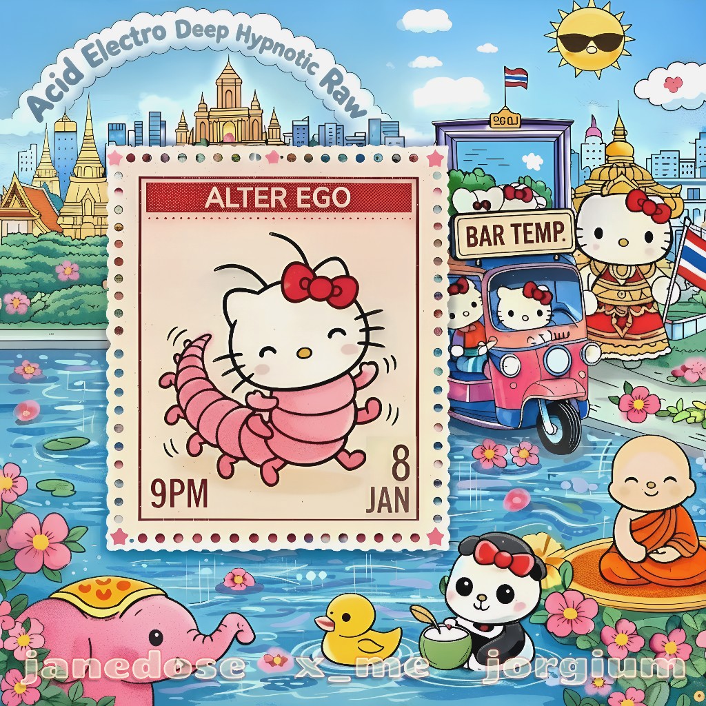 Alter Ego — kawaii Bangkok collage: stamp, tuk-tuk, temples, water and lineup in a Sanrio-adjacent cute style