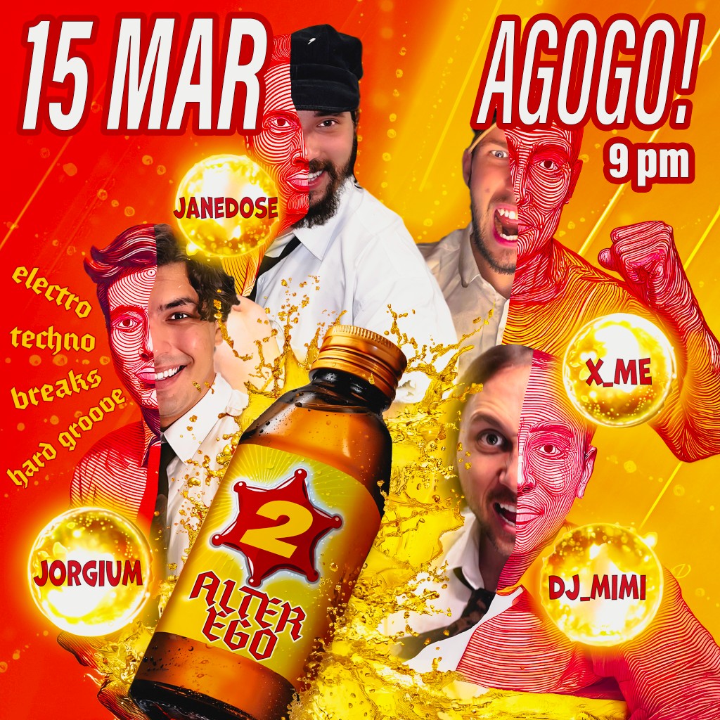 Alter Ego — Bangkok party poster in M-150 energy drink style: bottle splash, split portraits, lineup typography