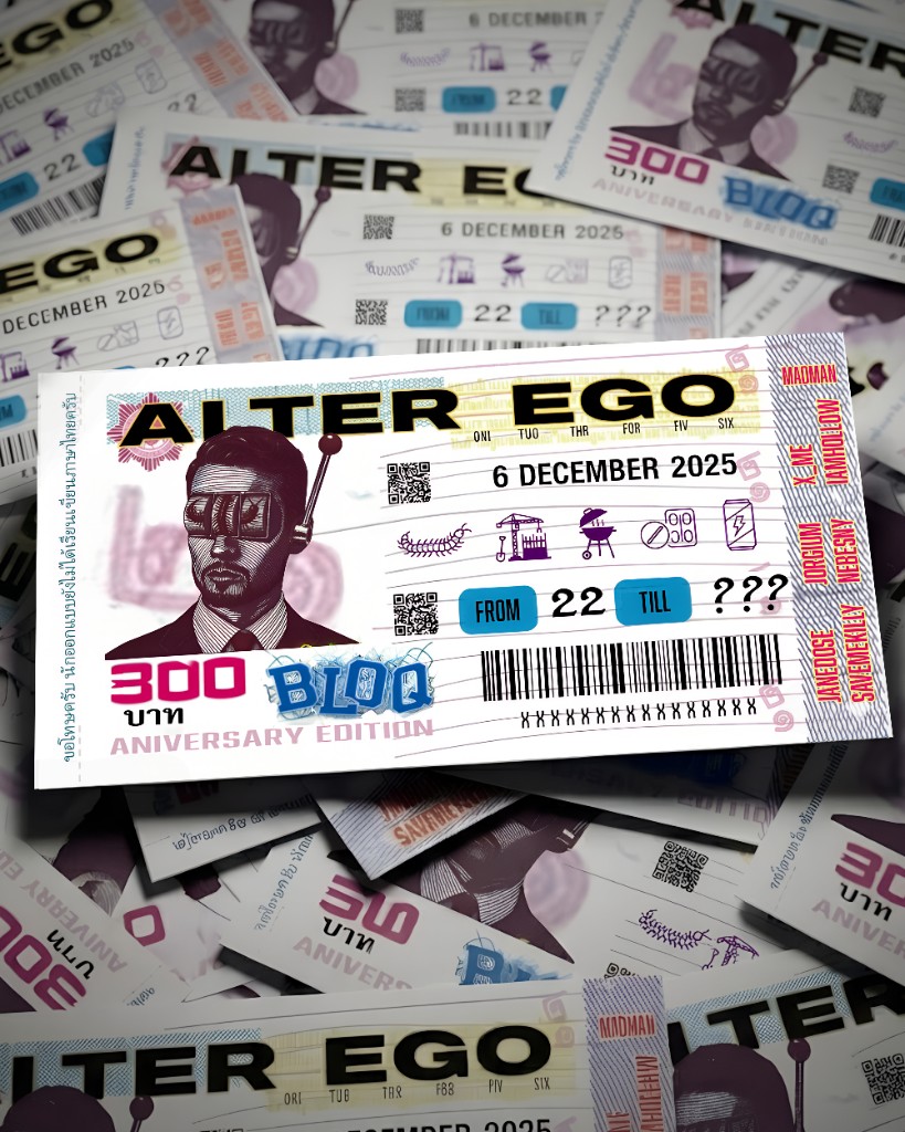 Alter Ego — Thai government lottery–style ticket poster, anniversary edition, BLOQ, 6 December 2025, lineup strip and event icons