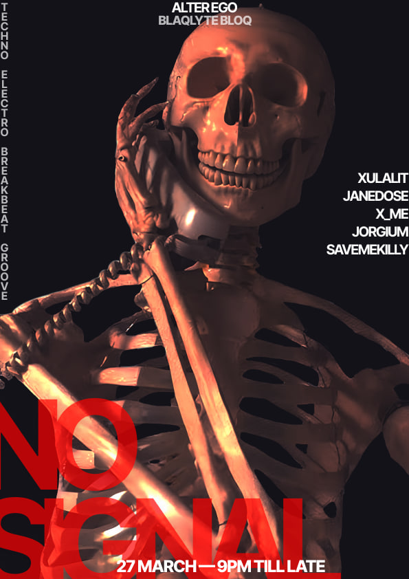 NO SIGNAL — skeleton on vintage handset, orange light, vertical genre stack and artist list